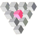 A triangle composed by several gray cubes, with a pink cube in the middle